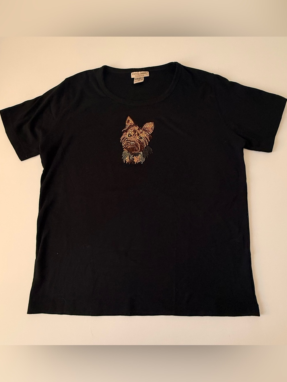 Embellished Black Short Sleeve Tee with Rhinestone Yorkie Accent